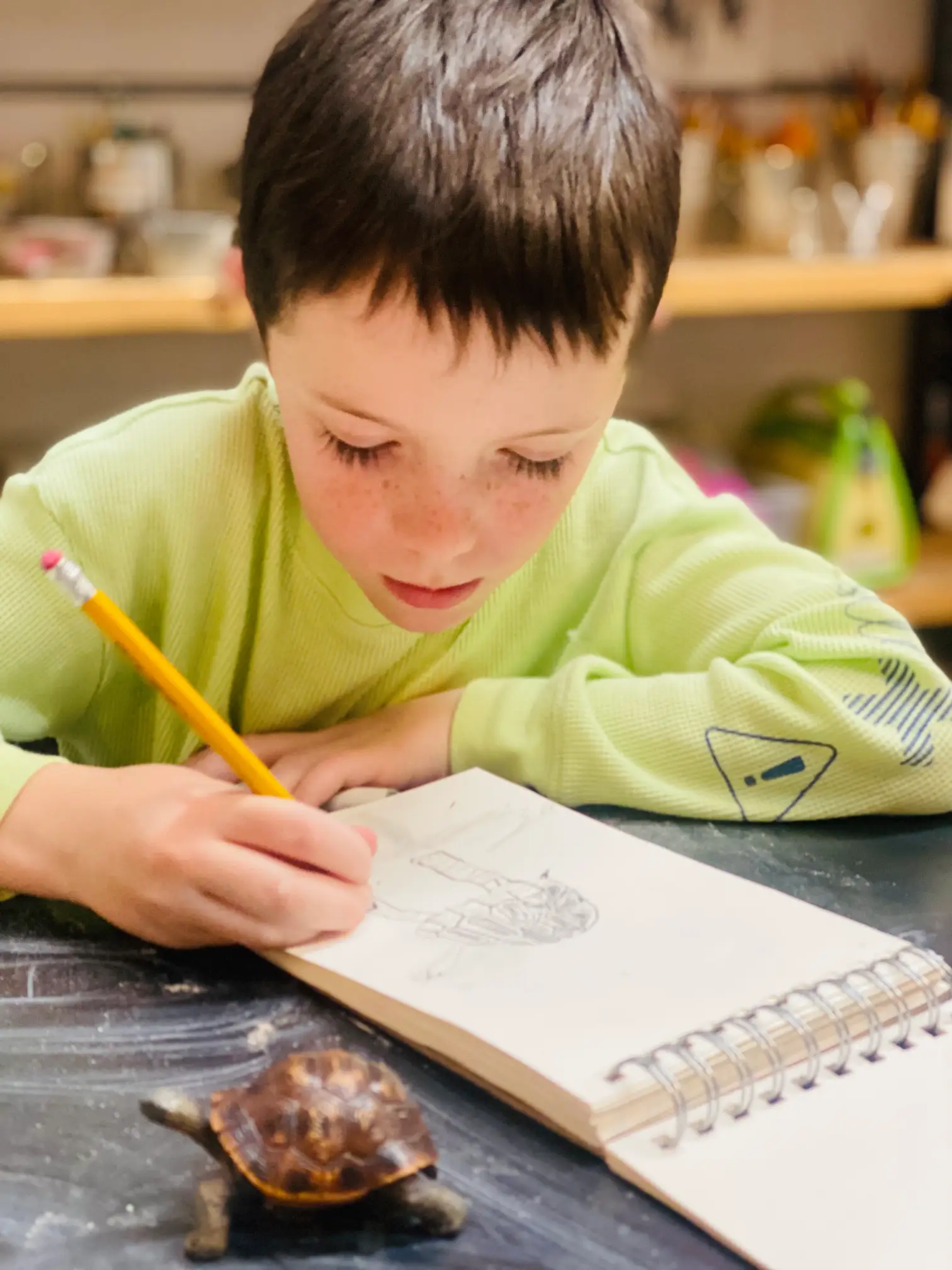 young student draws