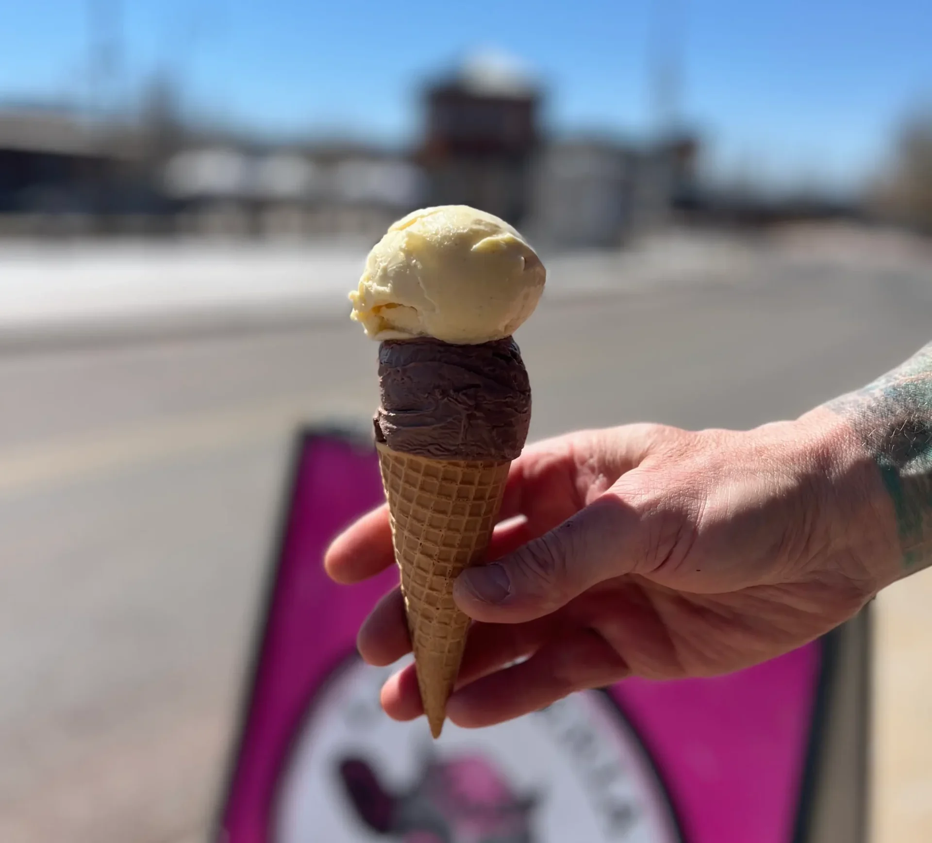 Chocolate sea salt and vanilla double cone